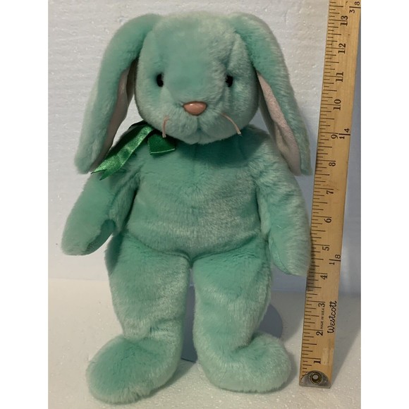 TY Beanie Buddy HIPPITY Green Easter Bunny Rabbit Pink Nose 14" Satin Bow - Picture 5 of 8